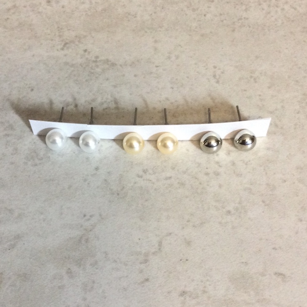 NWT 3 Pairs Pearl and Metal Stud Earrings - White, Cream, Silver